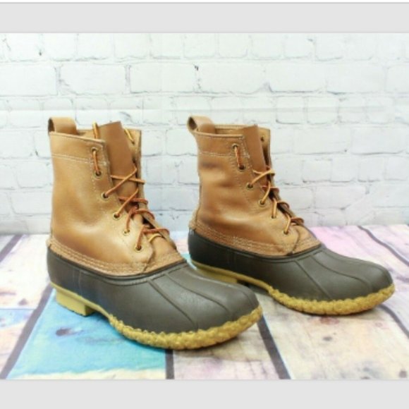 LL Bean Unlined Brown Leather Rubber Lace-up Rain Duck Boots Size M 7 L 9 - Picture 3 of 7